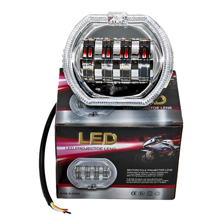 Motorcycle Electric Vehicle General Modification LED Headlight 4 Beads Double Lens Lamps, Style: Green Aperture+Red Devil Eye