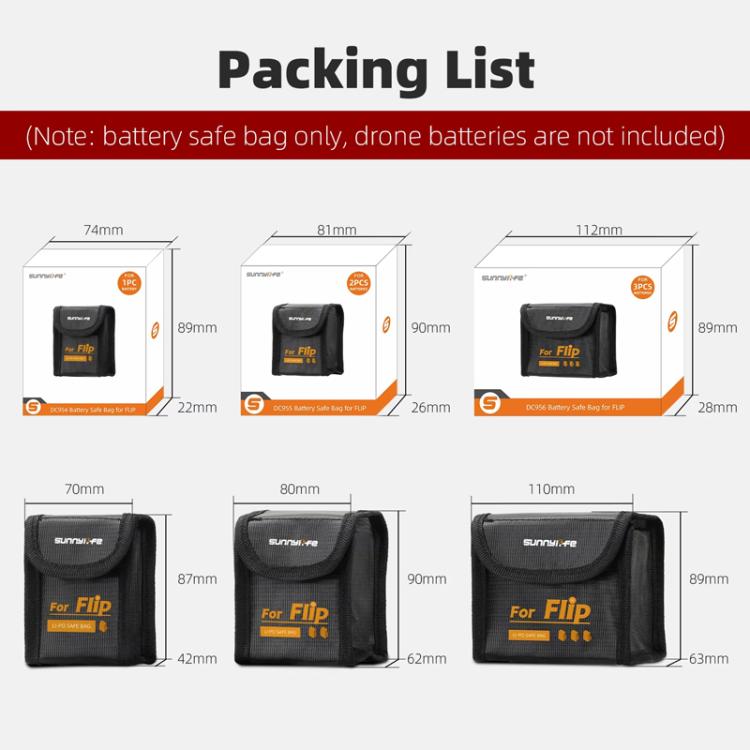 For DJI Flip Sunnylife Battery Explosion Proof Bag Li-ion Safety Storage Bag Flame Retardant Protective Bag Large (For 2 Batteries)