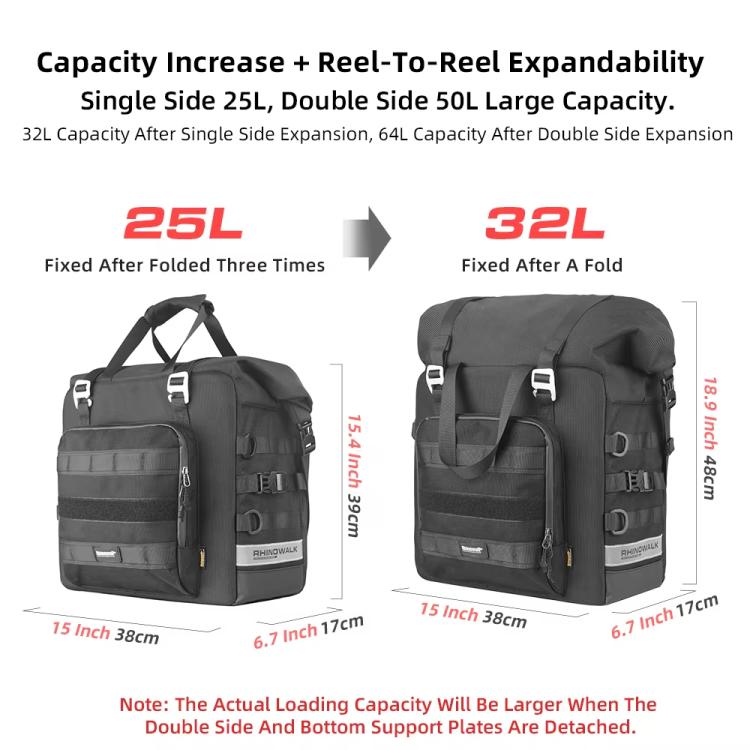 Rhinowalk MTR2050 25L-32L Expandable Large Capacity Quick-release Motorcycle Side Bag(Black)