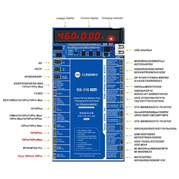 SUNSHINE SS-916 Ultra Charging Activation Fixture 5-9V Adaptive Voltage Support iPhone 16 Series and Android Models