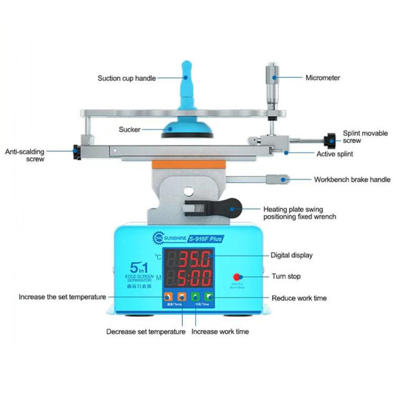 SUNSHINE S-918F Plus 5 In 1 Curved Screen Separator Mobile Phone LCD Screen Repair Separator Heating Platform(EU Plug)