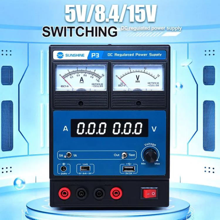 SUNSHINE P3 DC Regulated Power Supply 5V/8.4V/15V Switching Mobile Phone Repair Regulated Power Supply Meter(US Plug 110V)