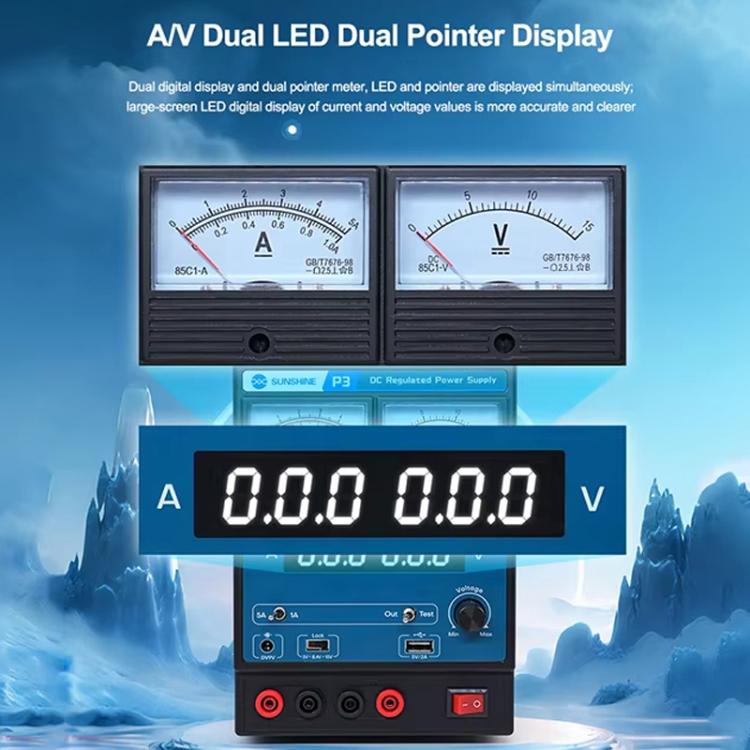 SUNSHINE P3 DC Regulated Power Supply 5V/8.4V/15V Switching Mobile Phone Repair Regulated Power Supply Meter(US Plug 110V)