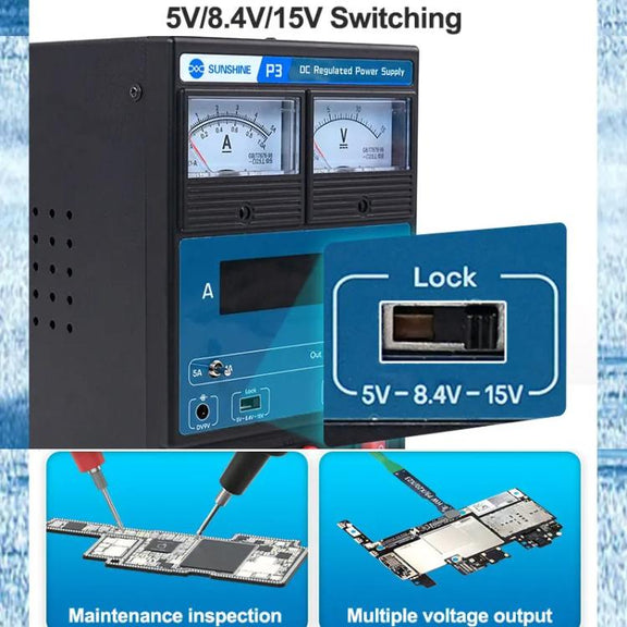 SUNSHINE P3 DC Regulated Power Supply 5V/8.4V/15V Switching Mobile Phone Repair Regulated Power Supply Meter(US Plug 110V)