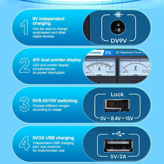 SUNSHINE P3 DC Regulated Power Supply 5V/8.4V/15V Switching Mobile Phone Repair Regulated Power Supply Meter(US Plug 110V)