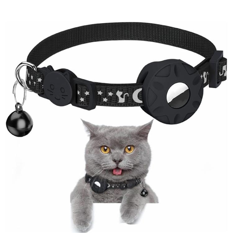 For AirTag Tracker Silicone Case Reflective Stars And Moon Cats Dogs Pet Collar With Bell(Black)