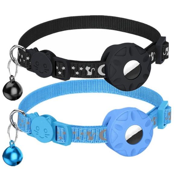 For AirTag Tracker Silicone Case Reflective Stars And Moon Cats Dogs Pet Collar With Bell(Blue)