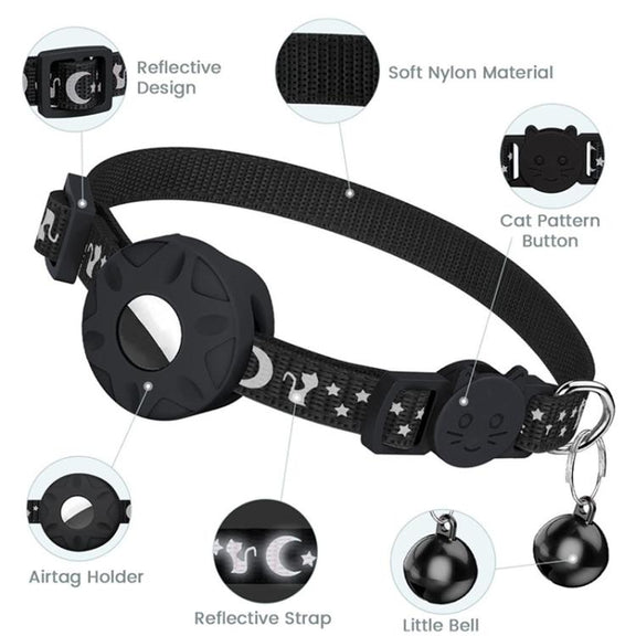 For AirTag Tracker Silicone Case Reflective Stars And Moon Cats Dogs Pet Collar With Bell(Blue)
