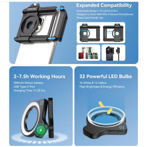 APEXEL 10-20x Zoom Macro Lens With 45-Mode Fill Light Kit for Smartphones