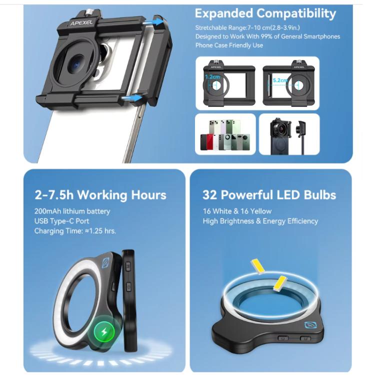 APEXEL 10-20x Zoom Macro Lens With 45-Mode Fill Light Kit for Smartphones