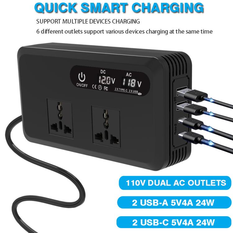 Gurxun Dual Digital Display Car Inverter With 2 USB+2 Type-C Ports US Plug 110V