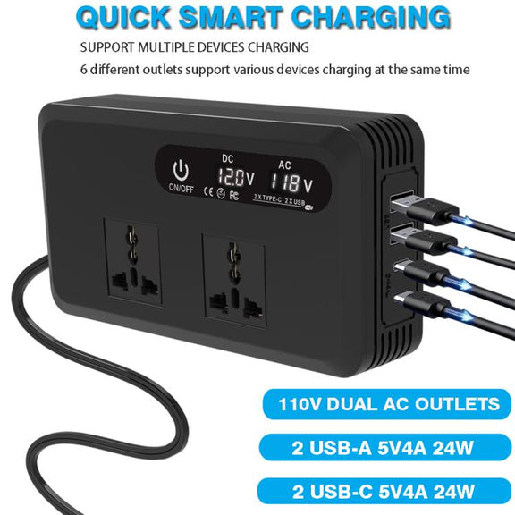 Gurxun Dual Digital Display Car Inverter With 2 USB+2 Type-C Ports US Plug 110V