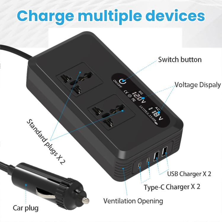 Gurxun Dual Digital Display Car Inverter With 2 USB+2 Type-C Ports US Plug 110V