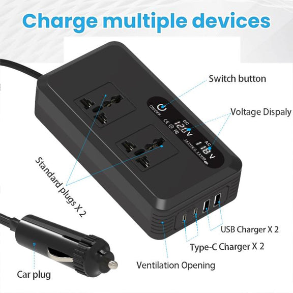 Gurxun Dual Digital Display Car Inverter With 2 USB+2 Type-C Ports US Plug 110V