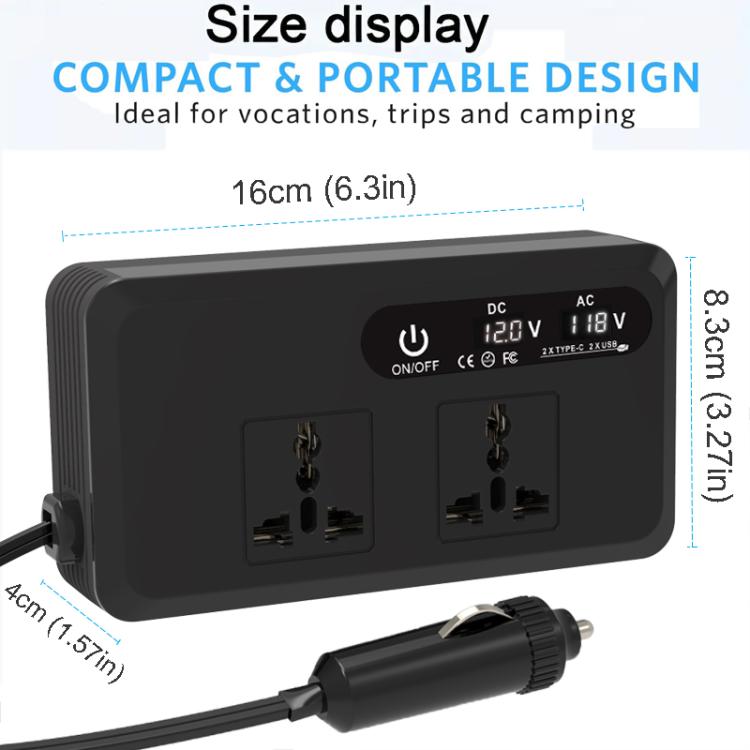Gurxun Dual Digital Display Car Inverter With 2 USB+2 Type-C Ports US Plug 110V
