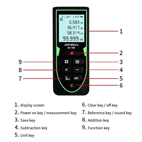 ARTBULL Laser Distance Meter Handheld Room Measuring Instrument Electronic Ruler(100m)
