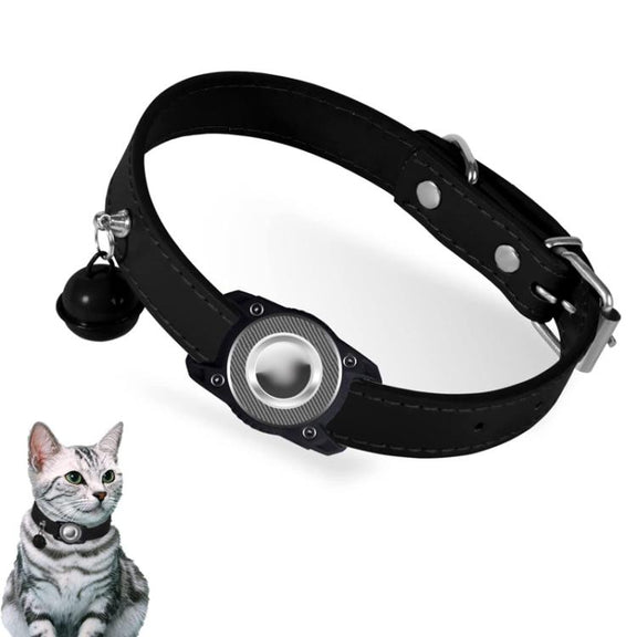 For AirTag Tracker Water-resistant Protection Case Pet Leather Collar Anti Lost Cat Locator Collar(Black)