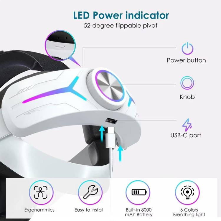 For Meta Quest 2 VR RGB Head Strap Adjustable Headband Built-in 8000 mAh Battery(Gaming White)
