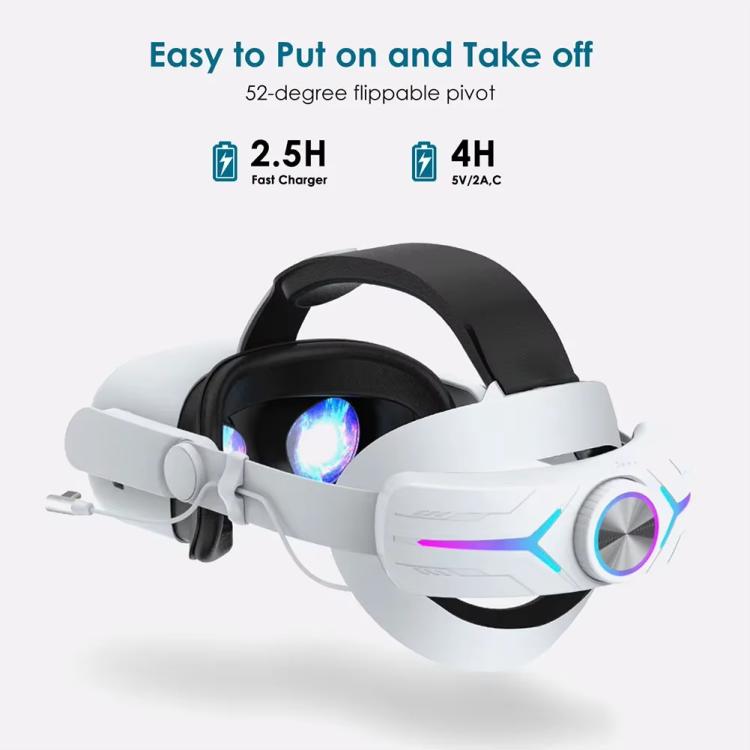 For Meta Quest 2 VR RGB Head Strap Adjustable Headband Built-in 8000 mAh Battery(Gaming White)