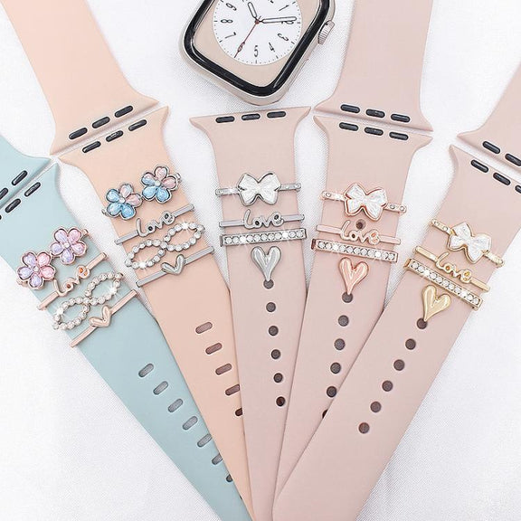 4pcs / Set 22mm Width Smart Watch Silicone Band Decorative Ring Metal Accessories(Flower Silver)