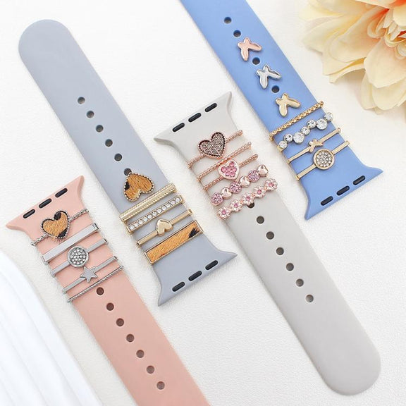22mm Width Smart Watch Silicone Band Decorative Ring Metal Accessories, Style: Love Heart Leopard Silver