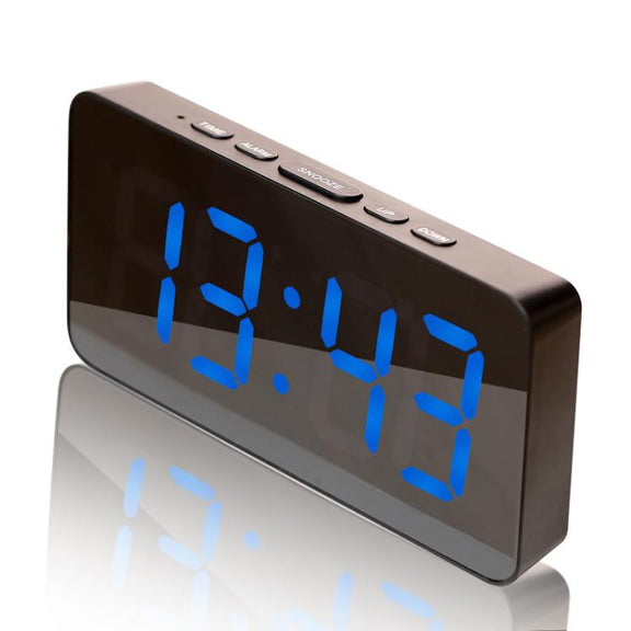 LED Mirror Digital Clock with Type-C Charging Port & 18650 Battery Compartment (Battery Not Included)(Black+Blue)