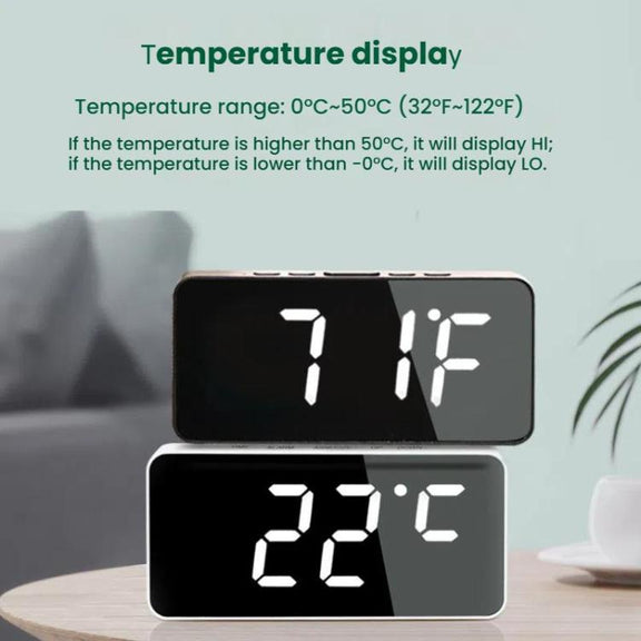 LED Mirror Digital Clock with Type-C Charging Port & 18650 Battery Compartment (Battery Not Included)(White+Blue)