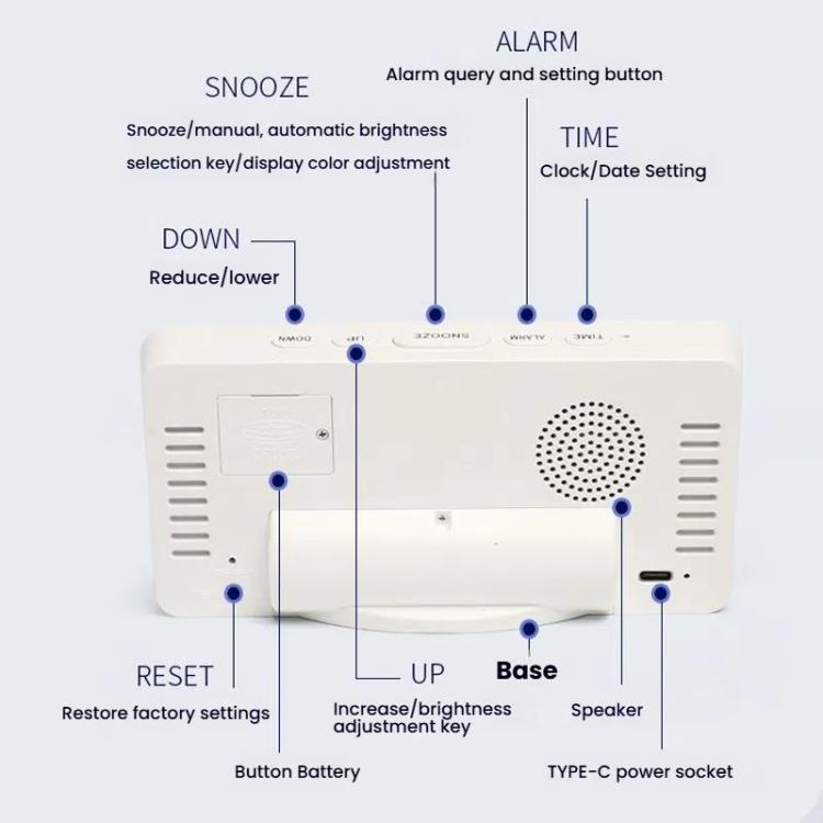 11 Colors Dynamic RGB Digital Alarm Clock 12/24H 6 Levels Brightness 2 Alarms Table Clock(White Shell)
