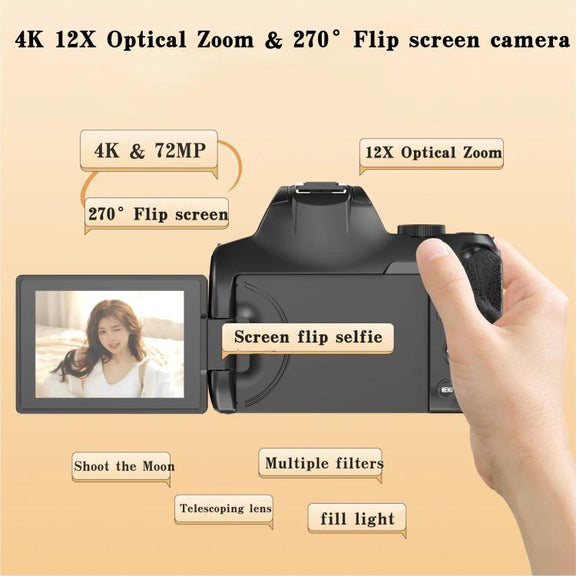 4K 72MP 12X Optical Zoom Student Digital Camera WiFi HD Video Camera With 3 Inch Flip Screen(Black)