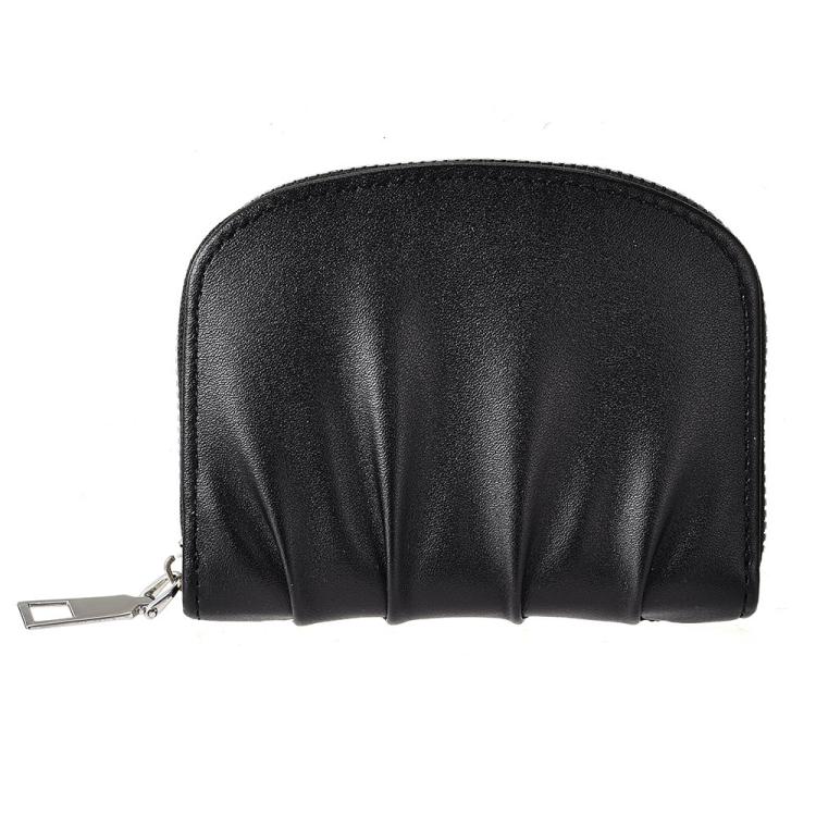 Women Wallet Pleated Sense PU Zipper Short Wallet Simple Solid Color Coin Purse(Black)
