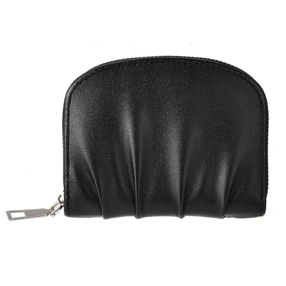 Women Wallet Pleated Sense PU Zipper Short Wallet Simple Solid Color Coin Purse(Black)