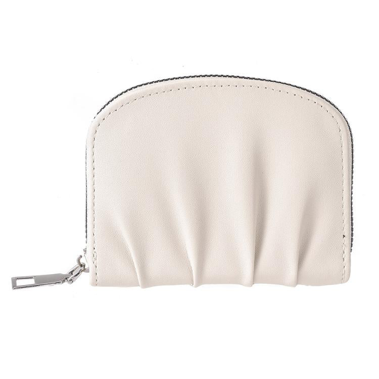 Women Wallet Pleated Sense PU Zipper Short Wallet Simple Solid Color Coin Purse(Beige)