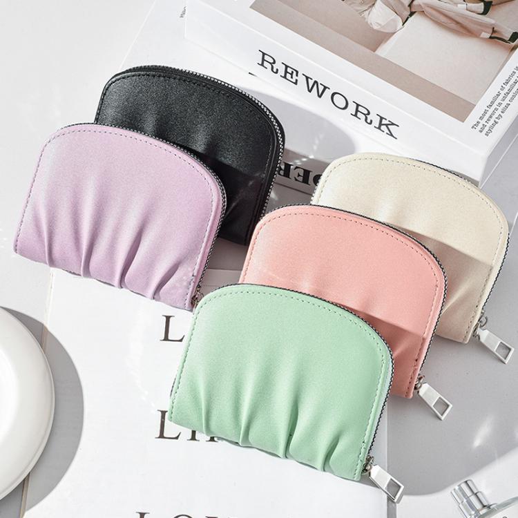 Women Wallet Pleated Sense PU Zipper Short Wallet Simple Solid Color Coin Purse(Black)