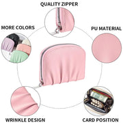 Women Wallet Pleated Sense PU Zipper Short Wallet Simple Solid Color Coin Purse(Pink)