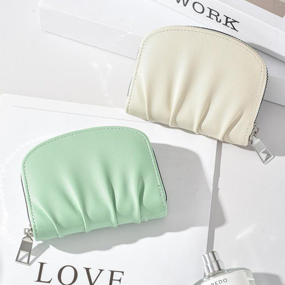 Women Wallet Pleated Sense PU Zipper Short Wallet Simple Solid Color Coin Purse(Black)