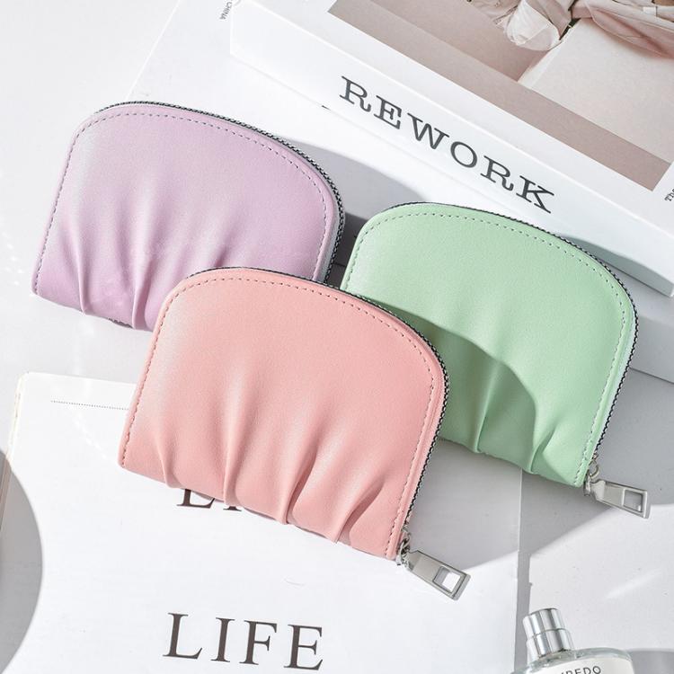 Women Wallet Pleated Sense PU Zipper Short Wallet Simple Solid Color Coin Purse(Black)