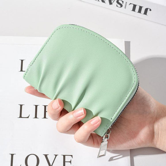 Women Wallet Pleated Sense PU Zipper Short Wallet Simple Solid Color Coin Purse(Black)