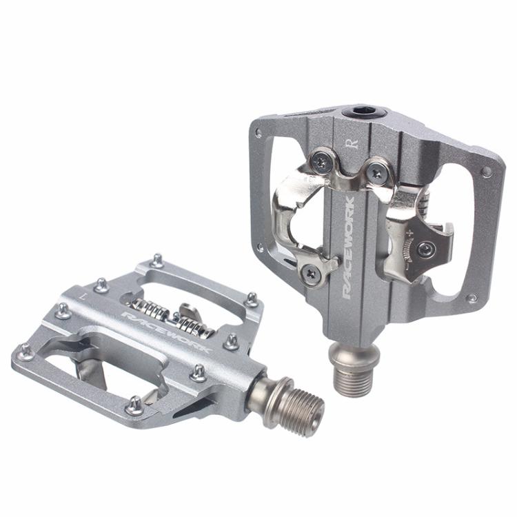 RACEWORK RK213 1pair Mountain Bike SPD + Flat Pedal Self-locking Dual-purpose Pedal(Silver)