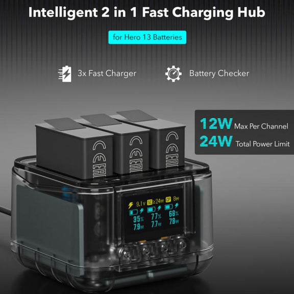 For GoPro HERO13 Black Super Fast Charger Dock Battery Charging Station With OLED Screen Display(Transparent Black)