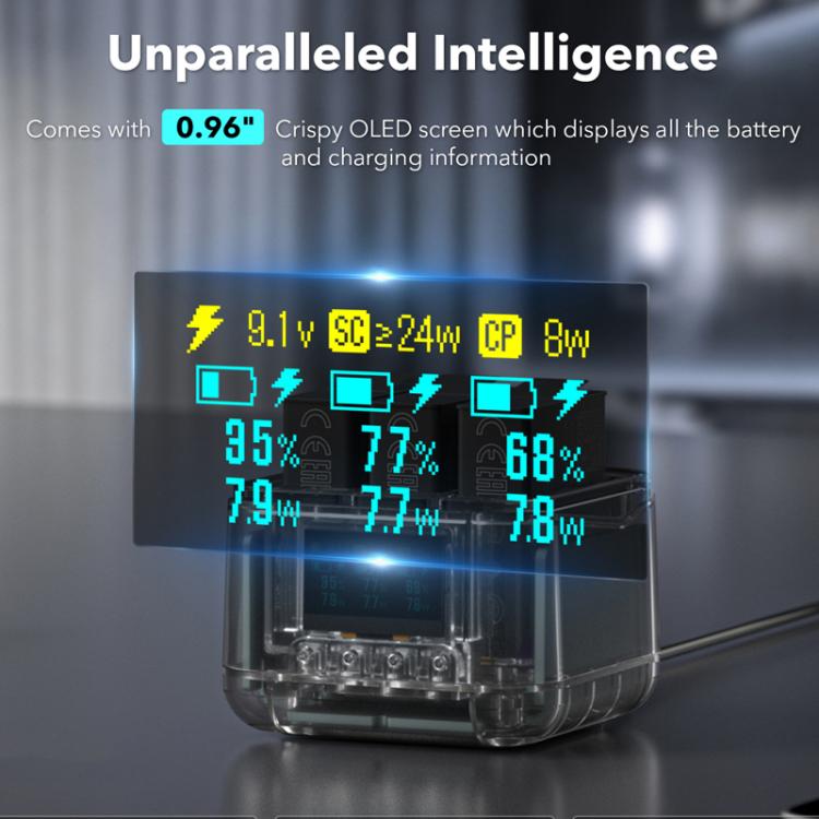 For GoPro HERO13 Black Super Fast Charger Dock Battery Charging Station With OLED Screen Display(Transparent Black)