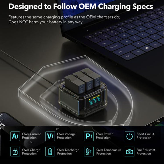 For GoPro HERO13 Black Super Fast Charger Dock Battery Charging Station With OLED Screen Display(Transparent Black)