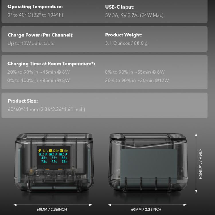 For GoPro HERO13 Black Super Fast Charger Dock Battery Charging Station With OLED Screen Display(Transparent Black)