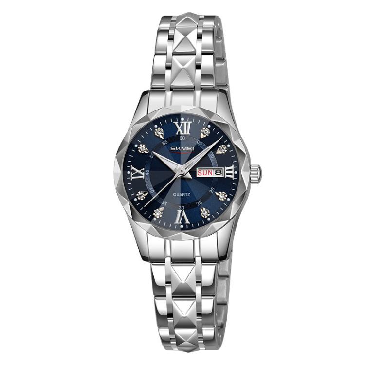 SKMEI Business Casual Watches Diamond Case Luminous Water-resistant Quartz Watch, Style: Women Silver Case Blue Dial