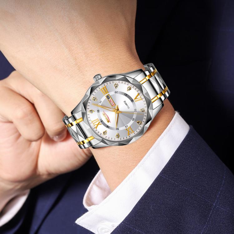 SKMEI Business Casual Watches Diamond Case Luminous Water-resistant Quartz Watch, Style: Men Silver Case Silver Dial