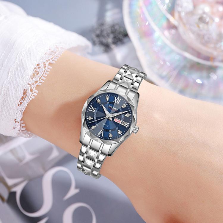 SKMEI Business Casual Watches Diamond Case Luminous Water-resistant Quartz Watch, Style: Men Silver Case Silver Dial