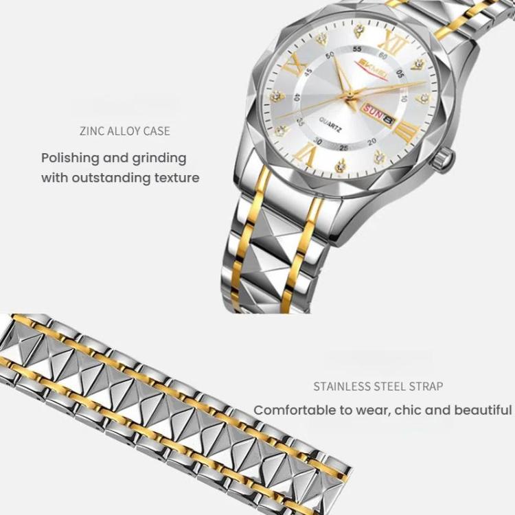 SKMEI Business Casual Watches Diamond Case Luminous Water-resistant Quartz Watch, Style: Men Silver Case Silver Dial