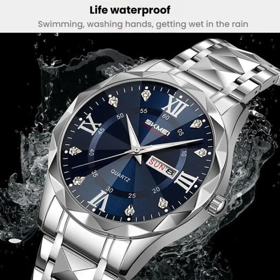 SKMEI Business Casual Watches Diamond Case Luminous Water-resistant Quartz Watch, Style: Men Silver Case Silver Dial