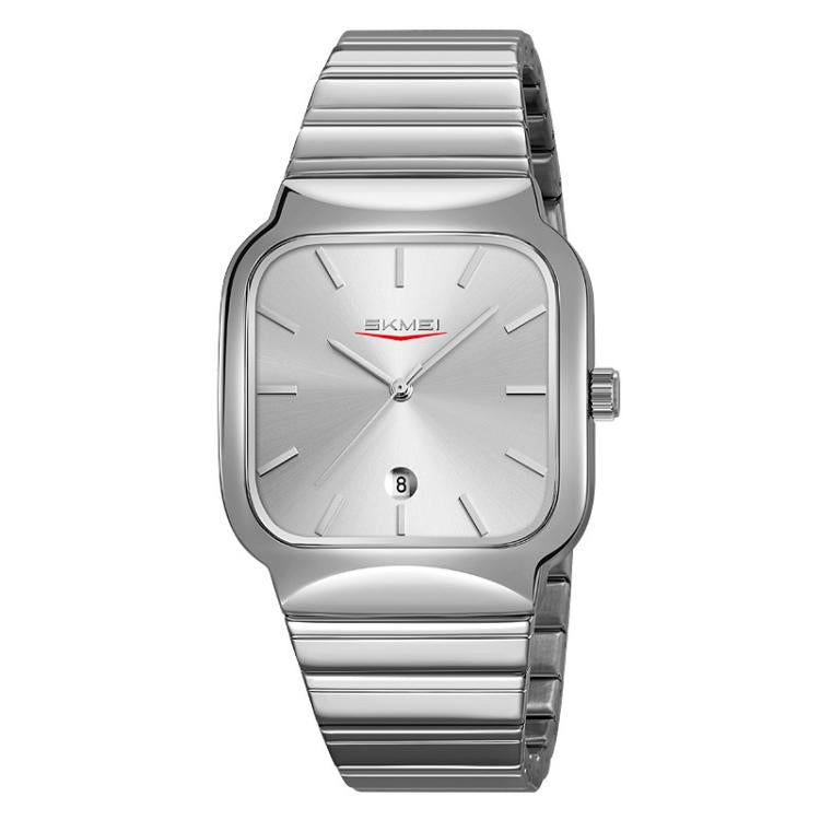 SKMEI 9361 Steel Strap Textured Dial Watch Business Casual Square Quartz Watch, Style: Silver Case Silver Dial