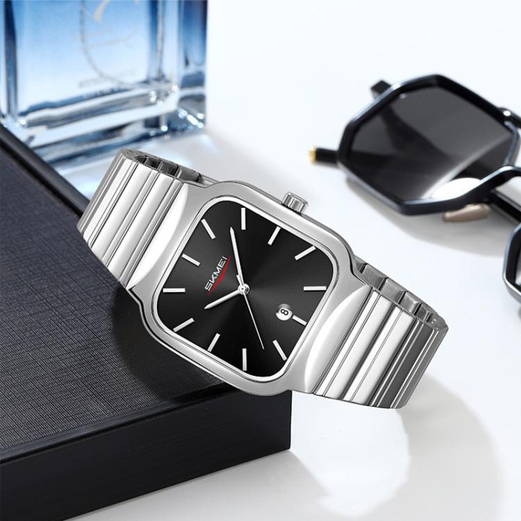 SKMEI 9361 Steel Strap Textured Dial Watch Business Casual Square Quartz Watch, Style: Silver Case Black Dial