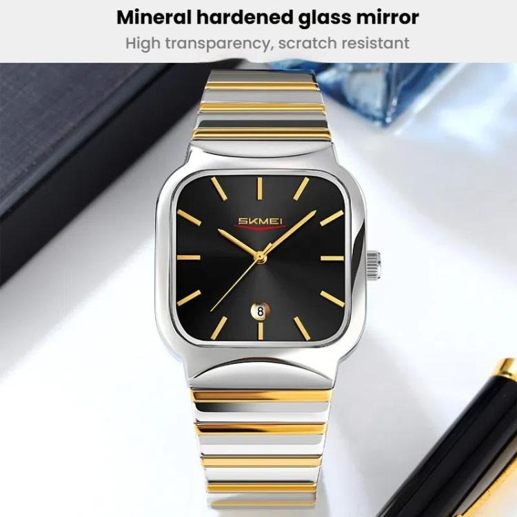 SKMEI 9361 Steel Strap Textured Dial Watch Business Casual Square Quartz Watch, Style: Silver Case Black Dial